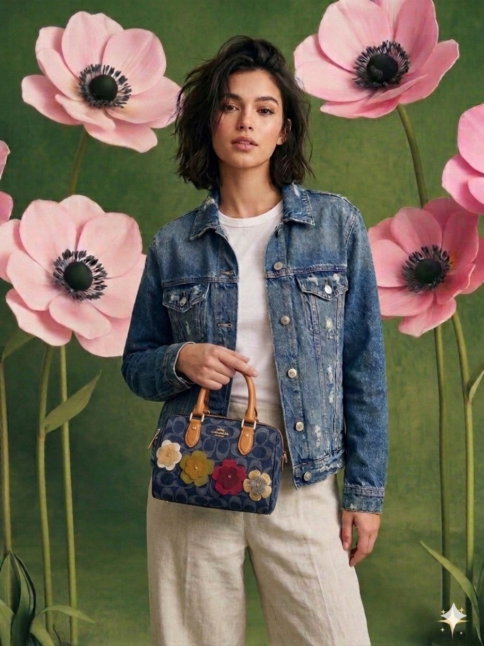 COACH Denim Signature Floral Appliqué Mini Satchel with Tan Handles - Picture 3 of 10